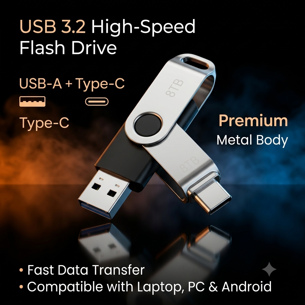 8TB Premium Metal USB Flash Drive | USB 3.2 High-Speed Pendrive with USB-A & Type-C Dual Connector